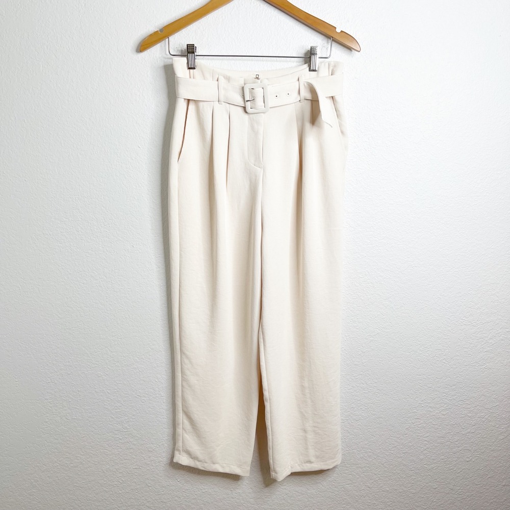ASTR the Label Cream High Waisted Belted Pleated Trousers Pants Medium Off White